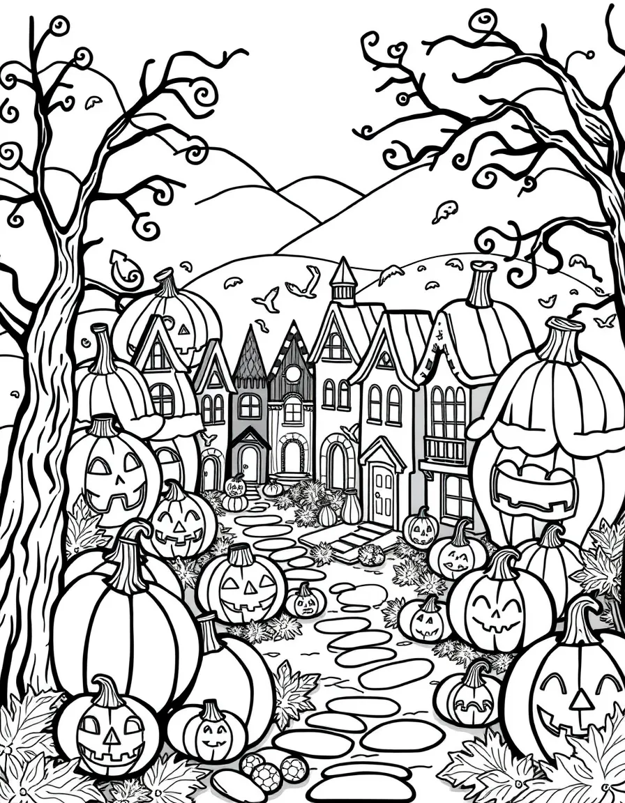 A tiny town built entirely from carved pumpkins