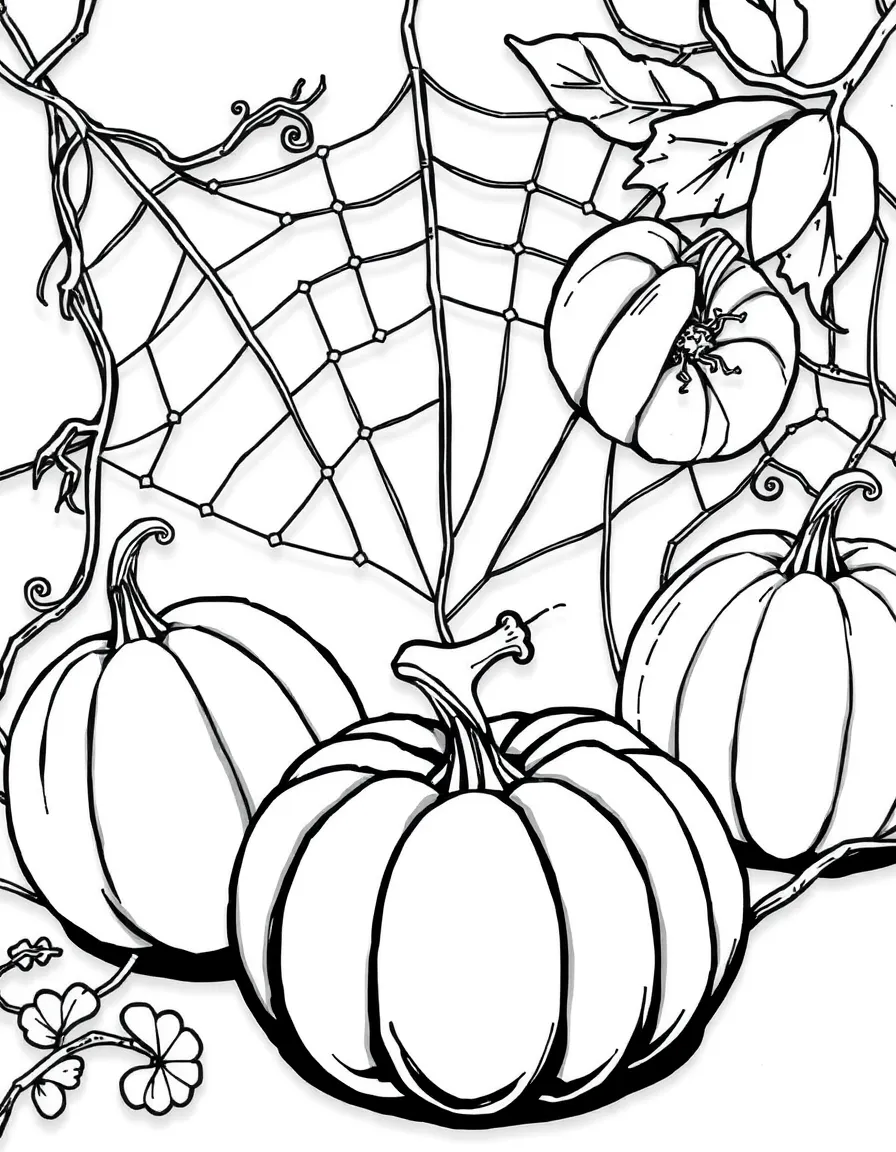 Pumpkins connected by spider web threads in an intricate design