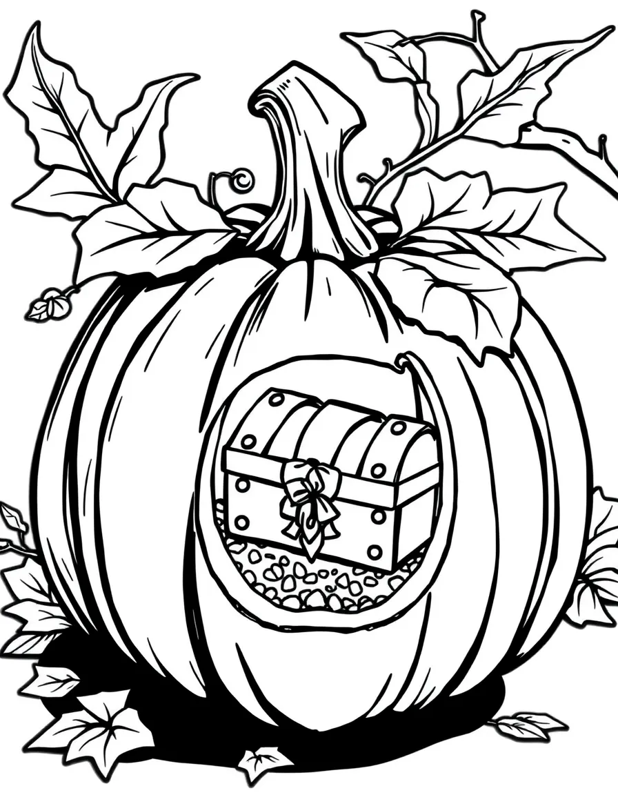 A pumpkin whose interior reveals a miniature treasure chest