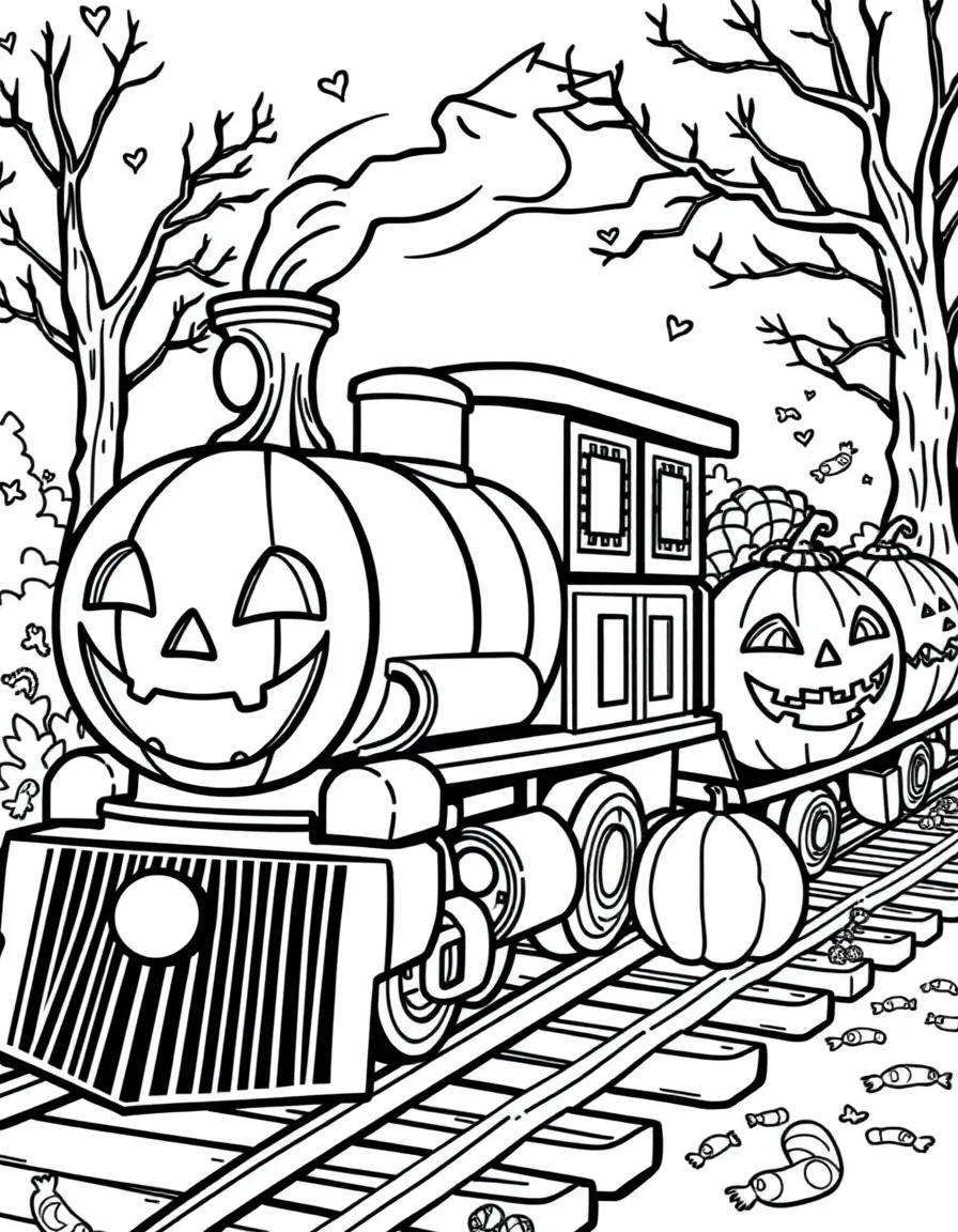 A pumpkin train with jack-o'-lantern cars and candy cargo
