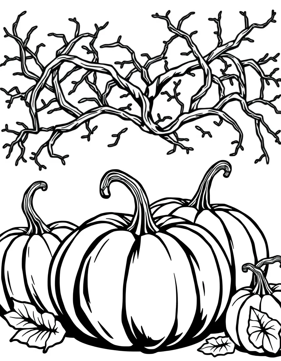 Pumpkins whose stems form a crown of twisted branches