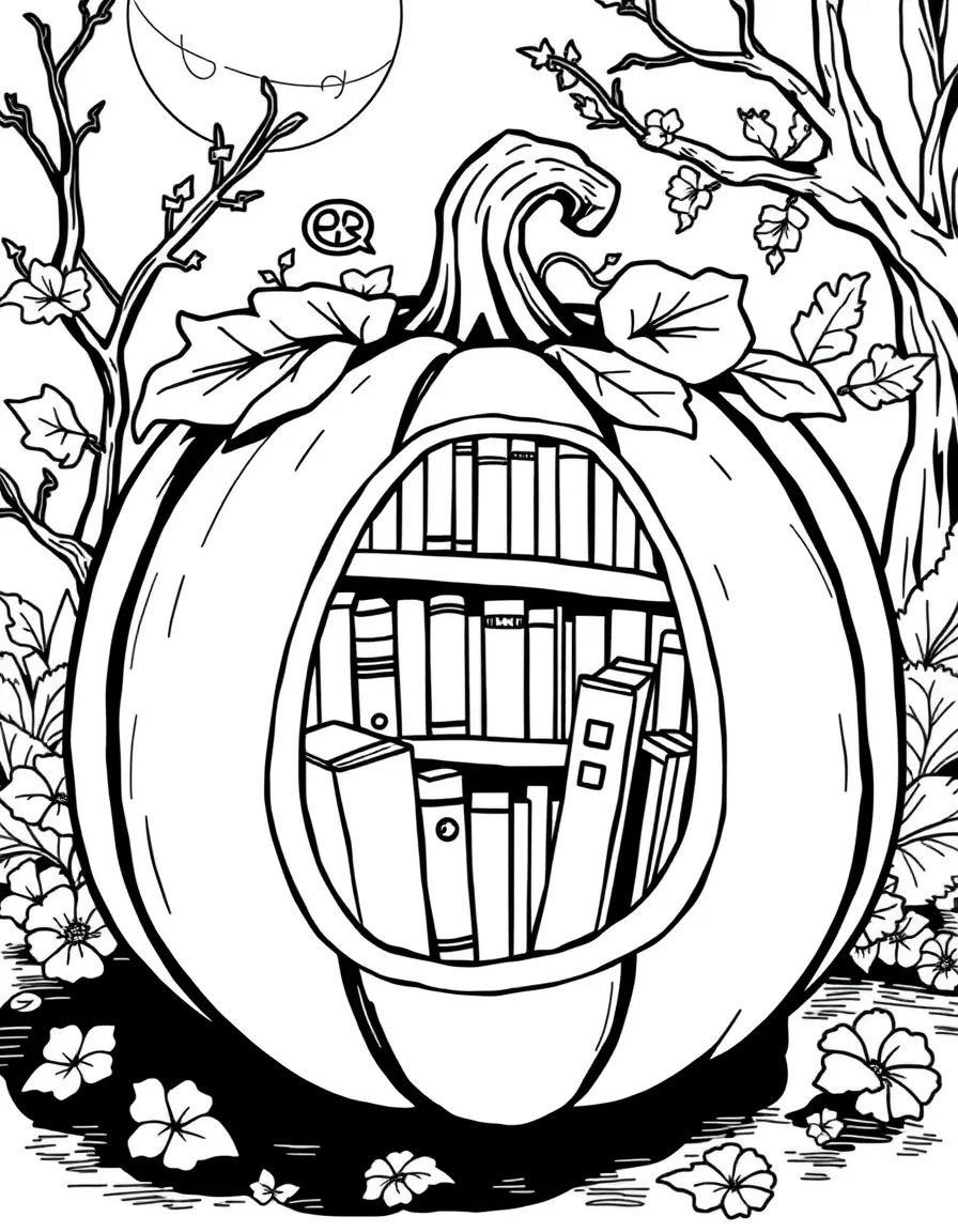 A pumpkin whose inside holds a tiny magical library
