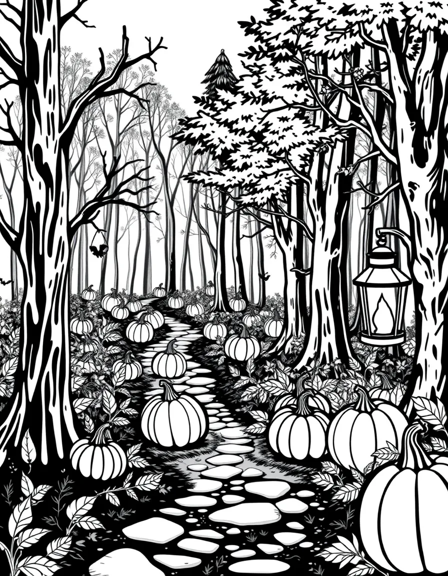Pumpkins serving as lanterns along a winding forest path