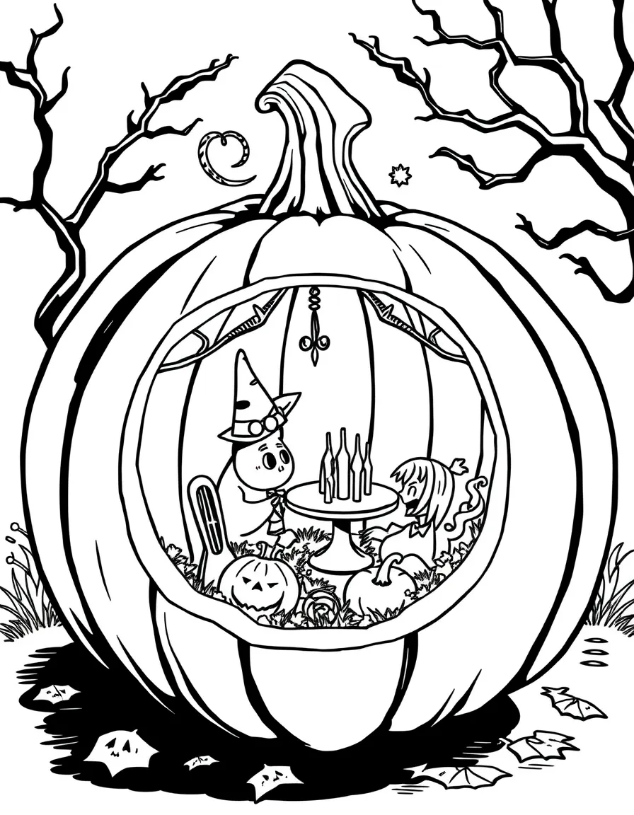 A pumpkin whose inside reveals a miniature Halloween party