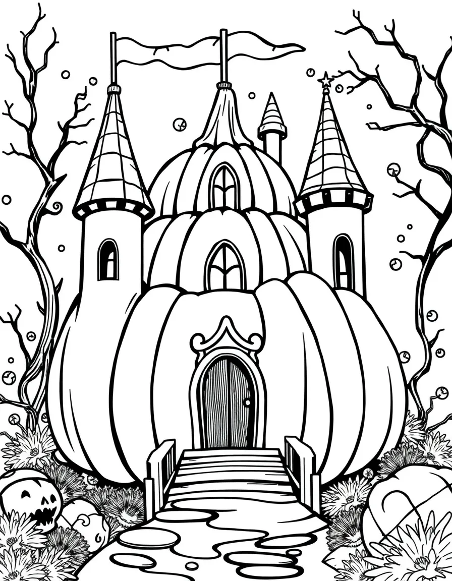 A pumpkin castle with turrets and a drawbridge
