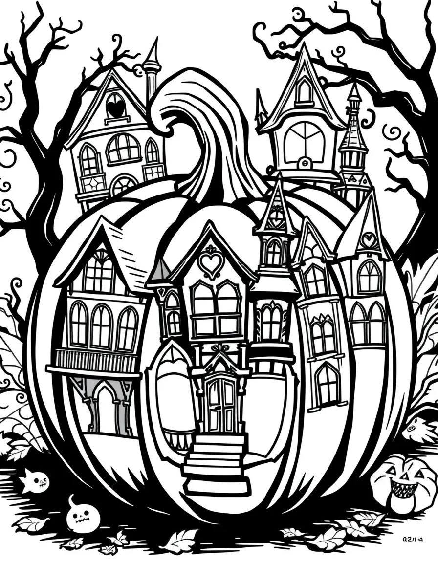 Pumpkins with facades of famous haunted houses carved in