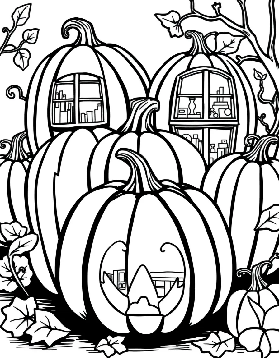 Pumpkins with windows showing different rooms inside