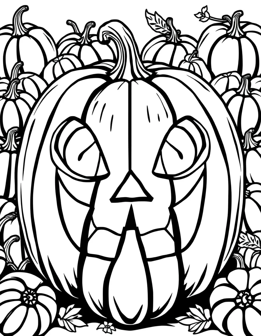 Pumpkins arranged to form a giant jack-o'-lantern face