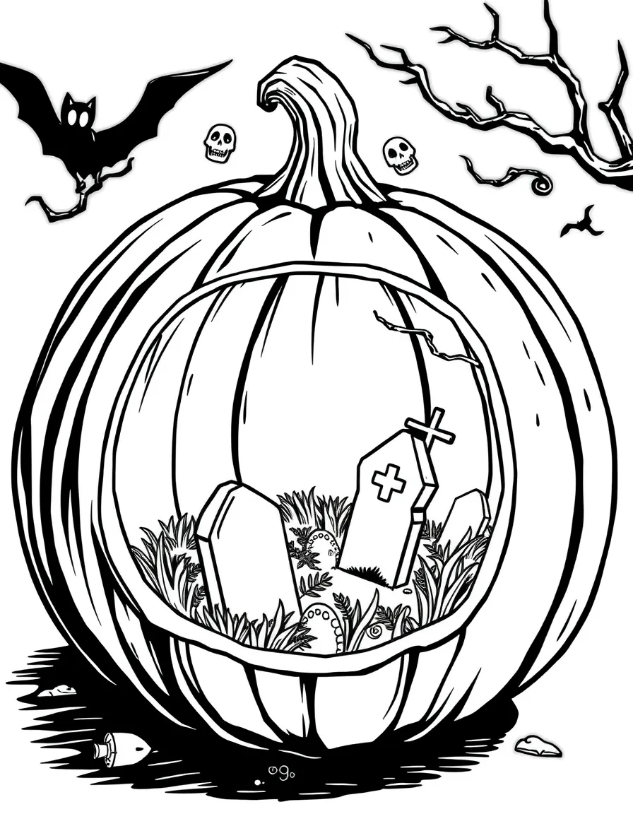 A pumpkin whose interior reveals a miniature graveyard
