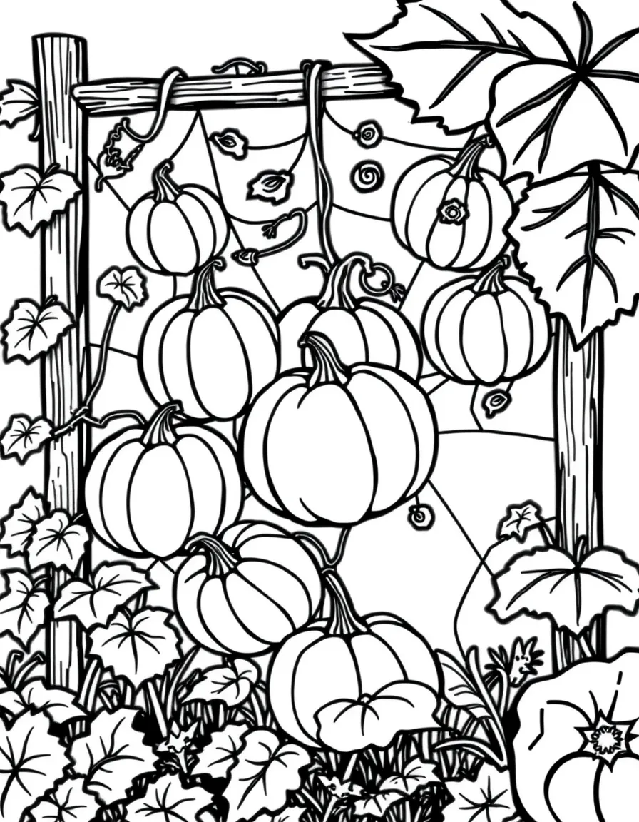 Pumpkins growing on a trellis in the shape of a spider web