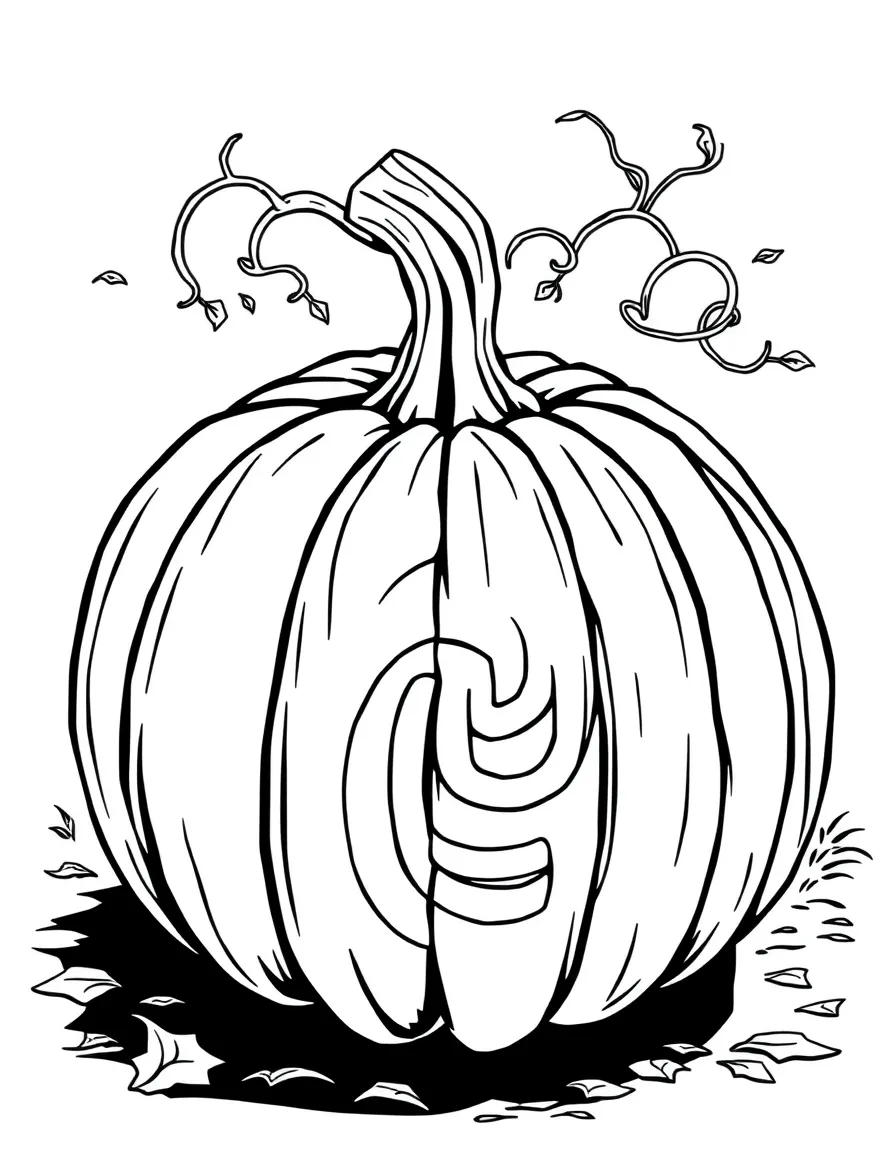 A pumpkin whose stem has grown into a winding labyrinth
