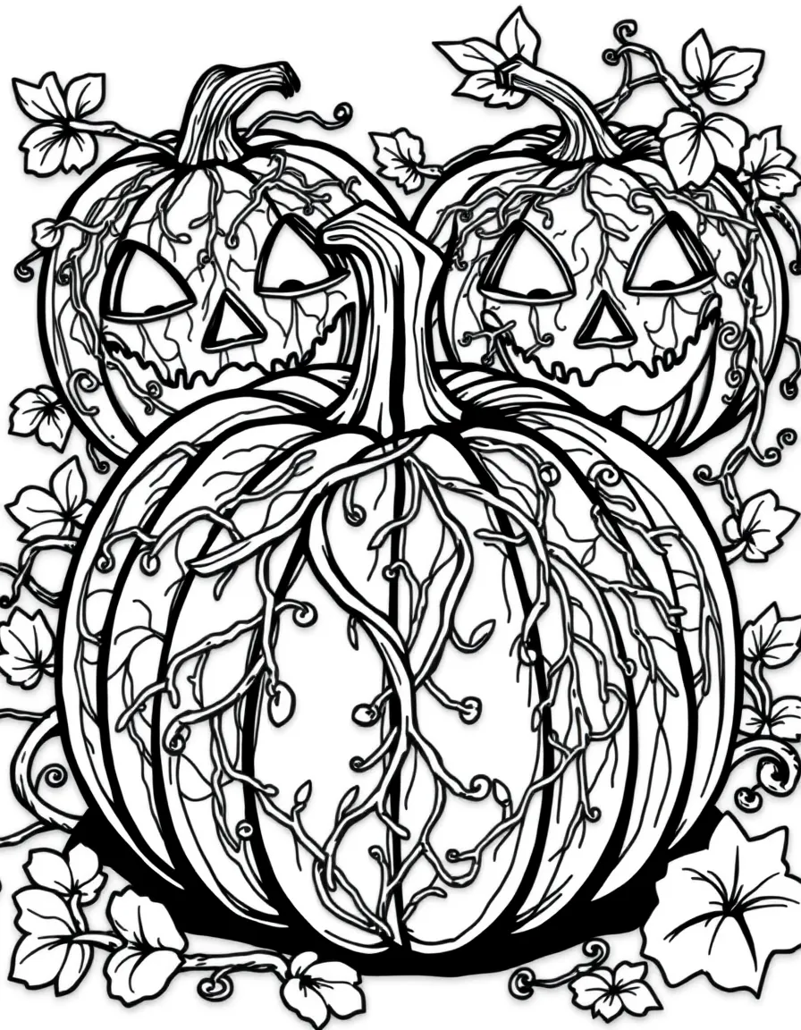 Pumpkins whose faces are formed by intricate vine patterns