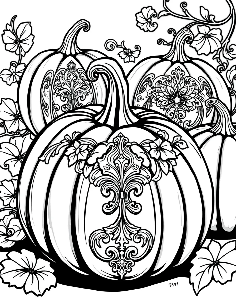 Pumpkins with ornate Victorian-style carved decorations