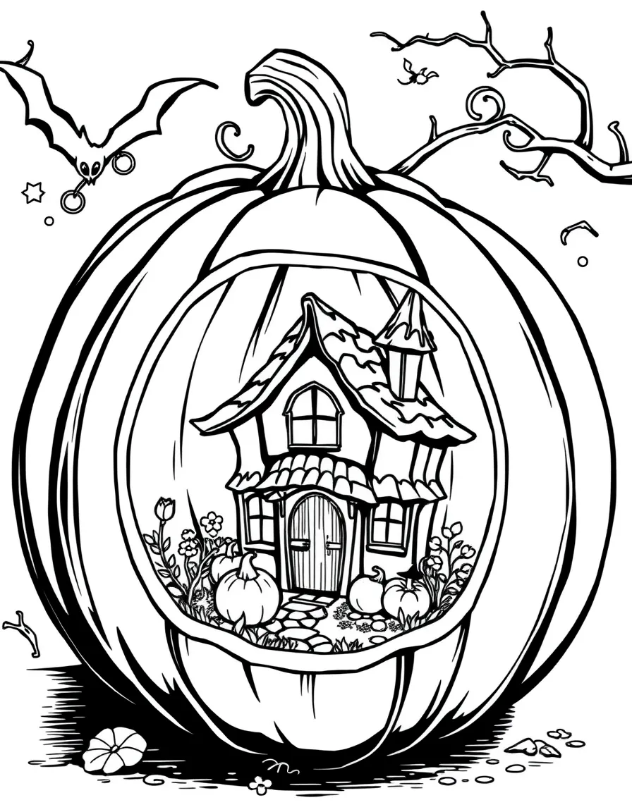 A pumpkin whose interior contains a miniature witch's cottage