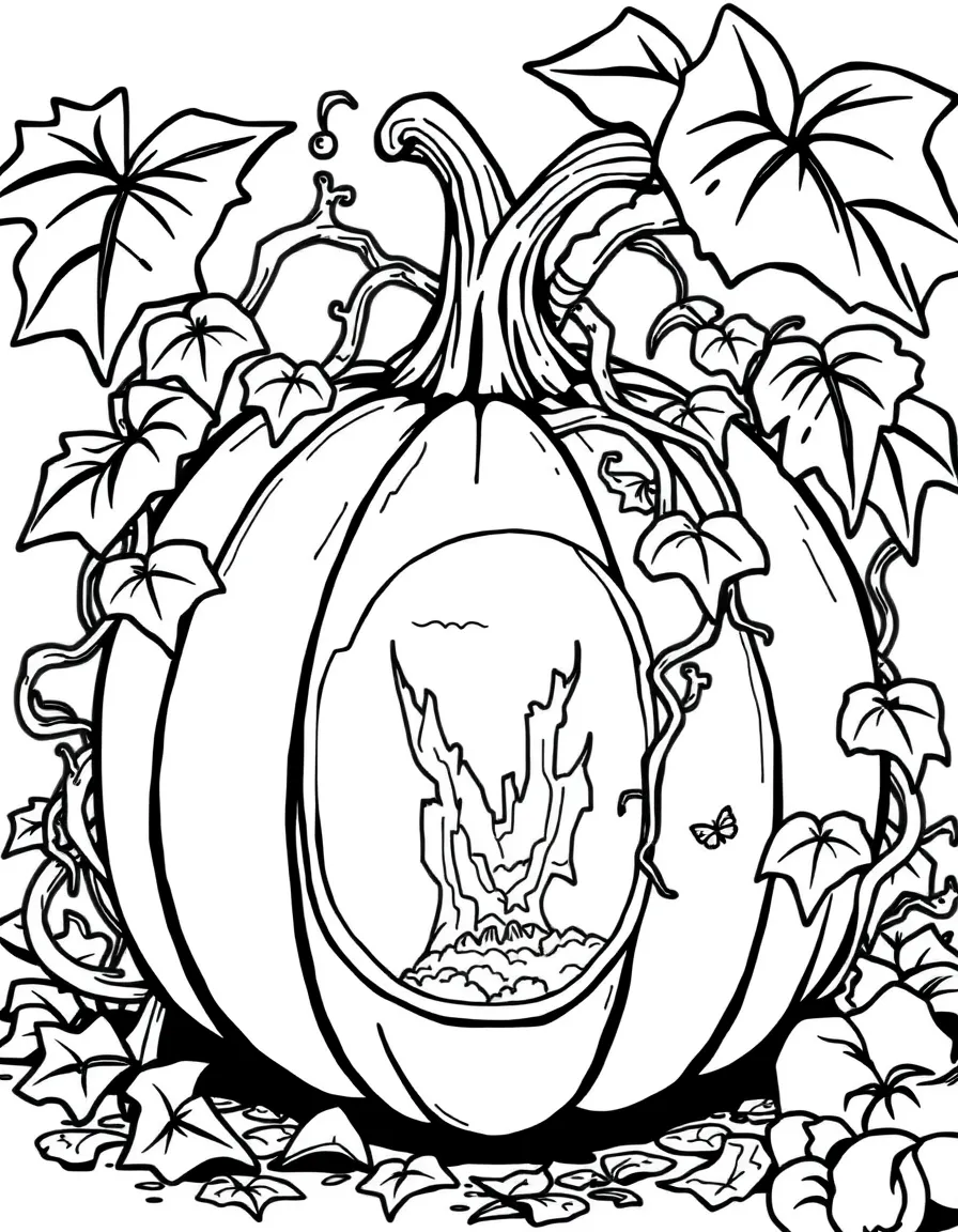 A pumpkin whose vines form a magical portal to another world