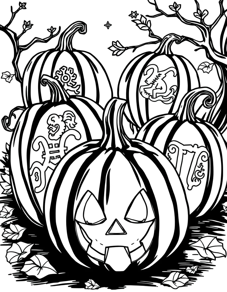 Pumpkins carved with zodiac symbols glowing mysteriously