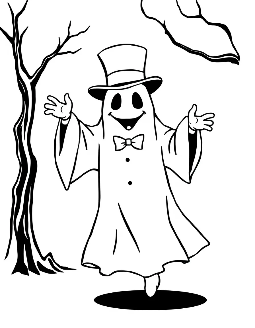 A ghost in a top hat and bow tie dancing alone