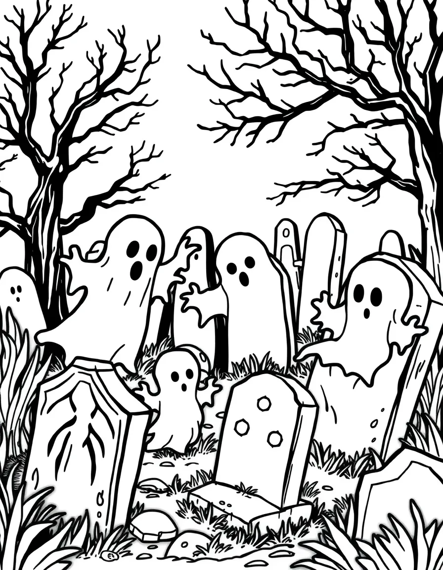 Ghosts playing hide-and-seek among tombstones