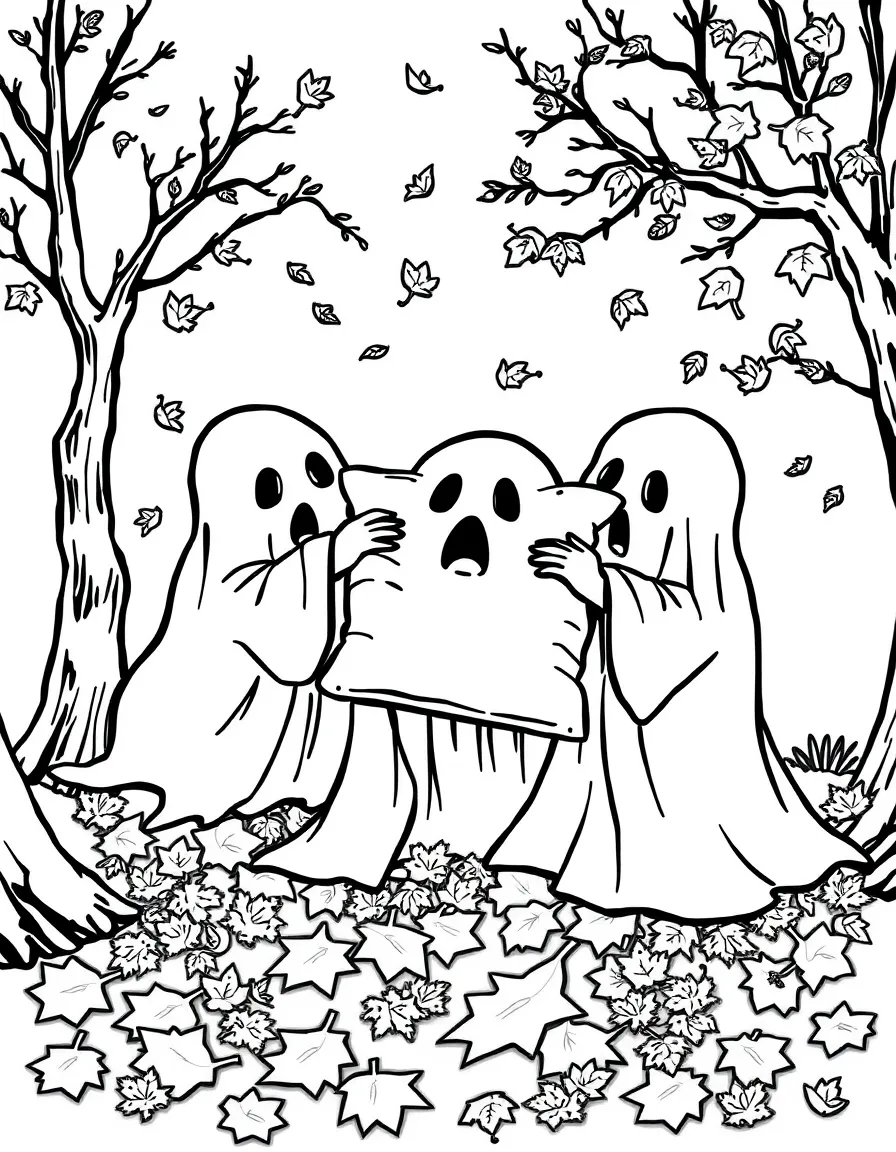 Ghosts having a pillow fight with fallen autumn leaves