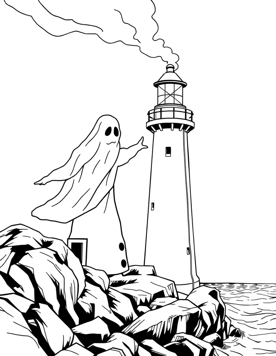 A ghost lighthouse keeper guiding ships through fog