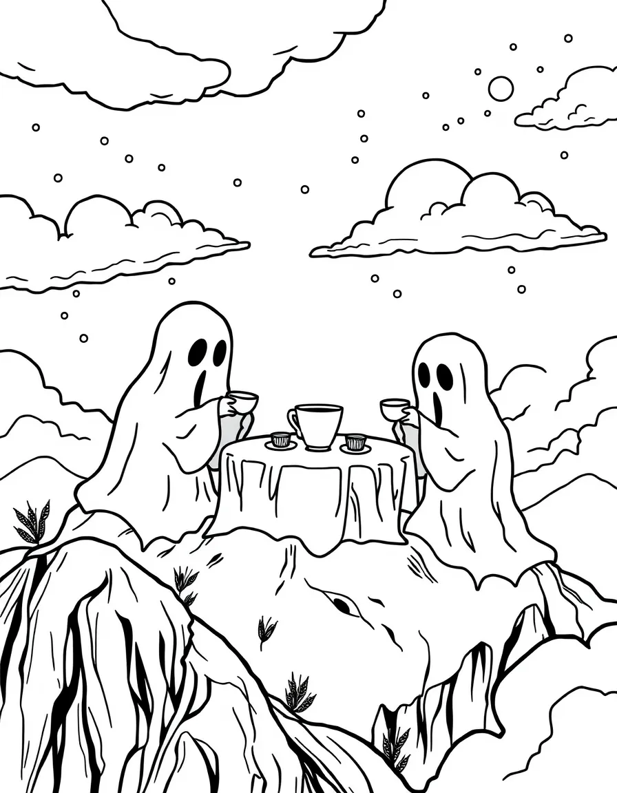 Ghosts having a tea party on a cloudy mountaintop