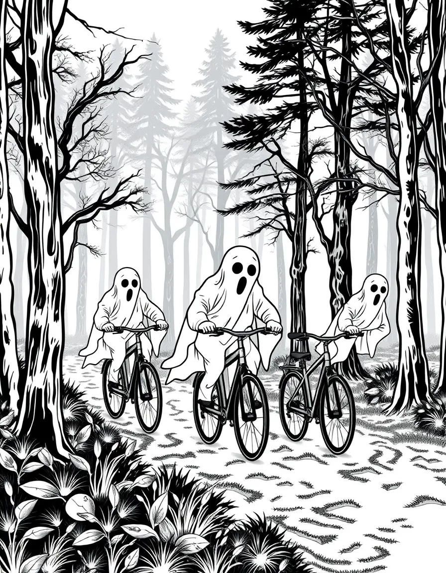 Ghosts riding bicycles through a misty forest