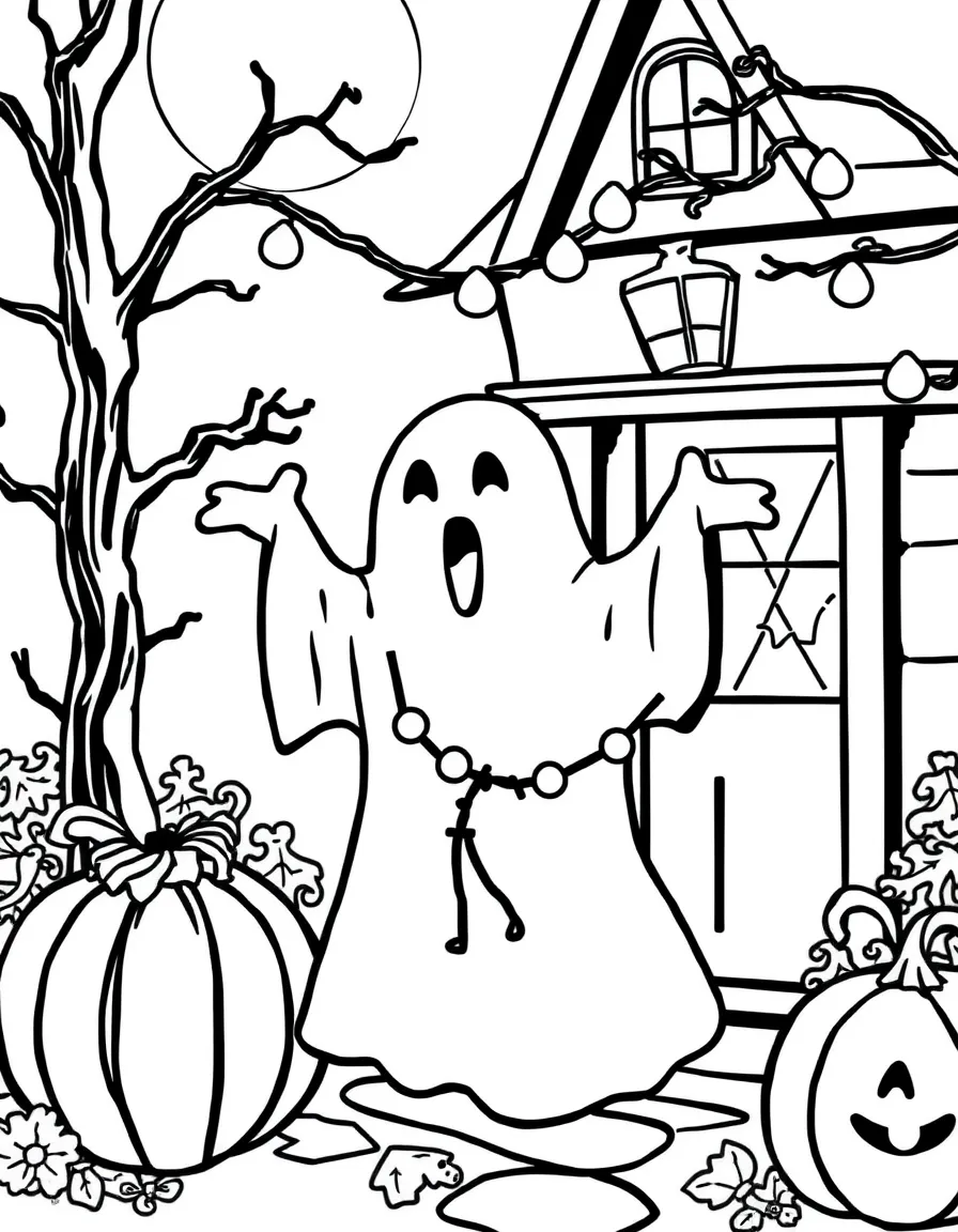 A friendly ghost helping decorate for Halloween