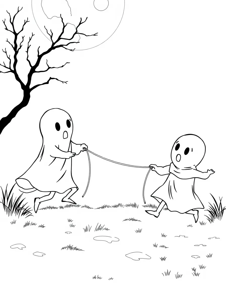 Ghost children playing jump rope with a moonbeam