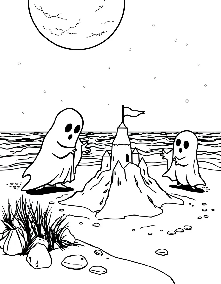 Ghosts building a sandcastle on a midnight beach