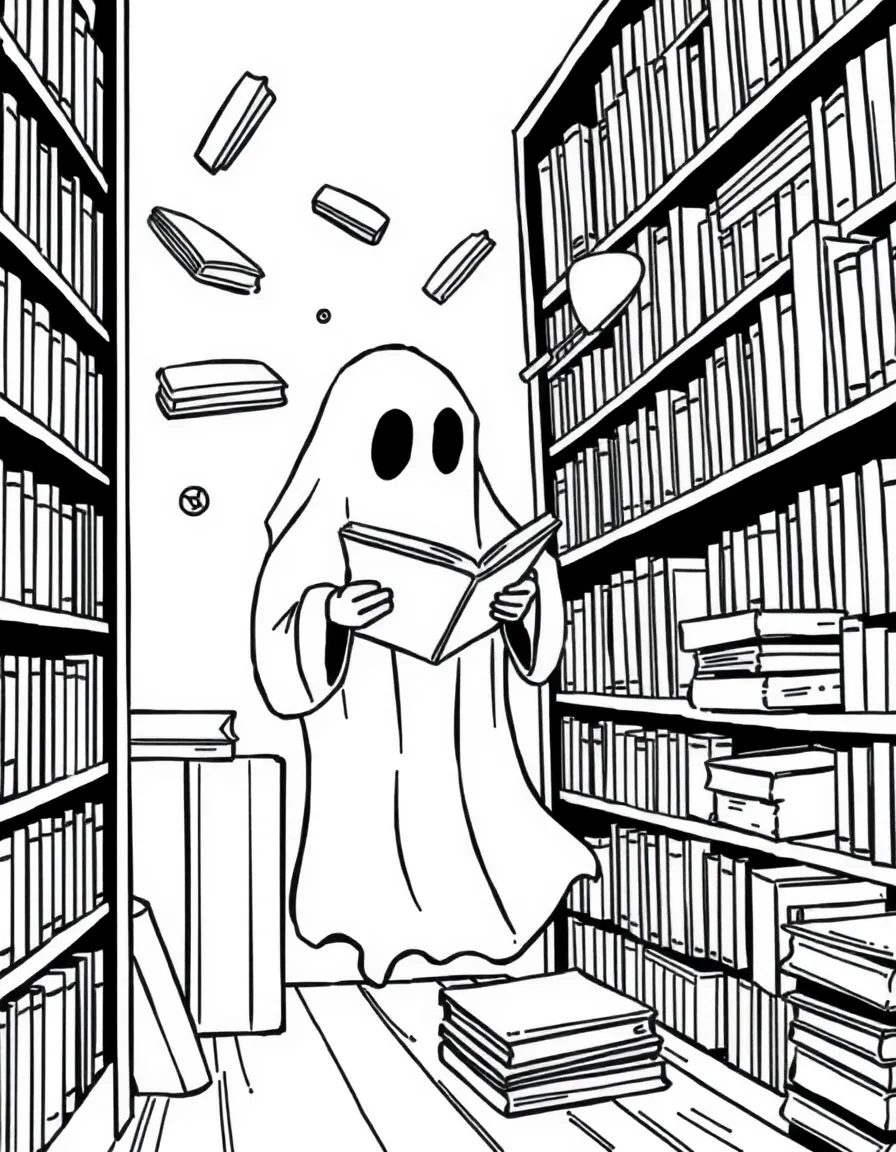 A ghost librarian organizing floating books