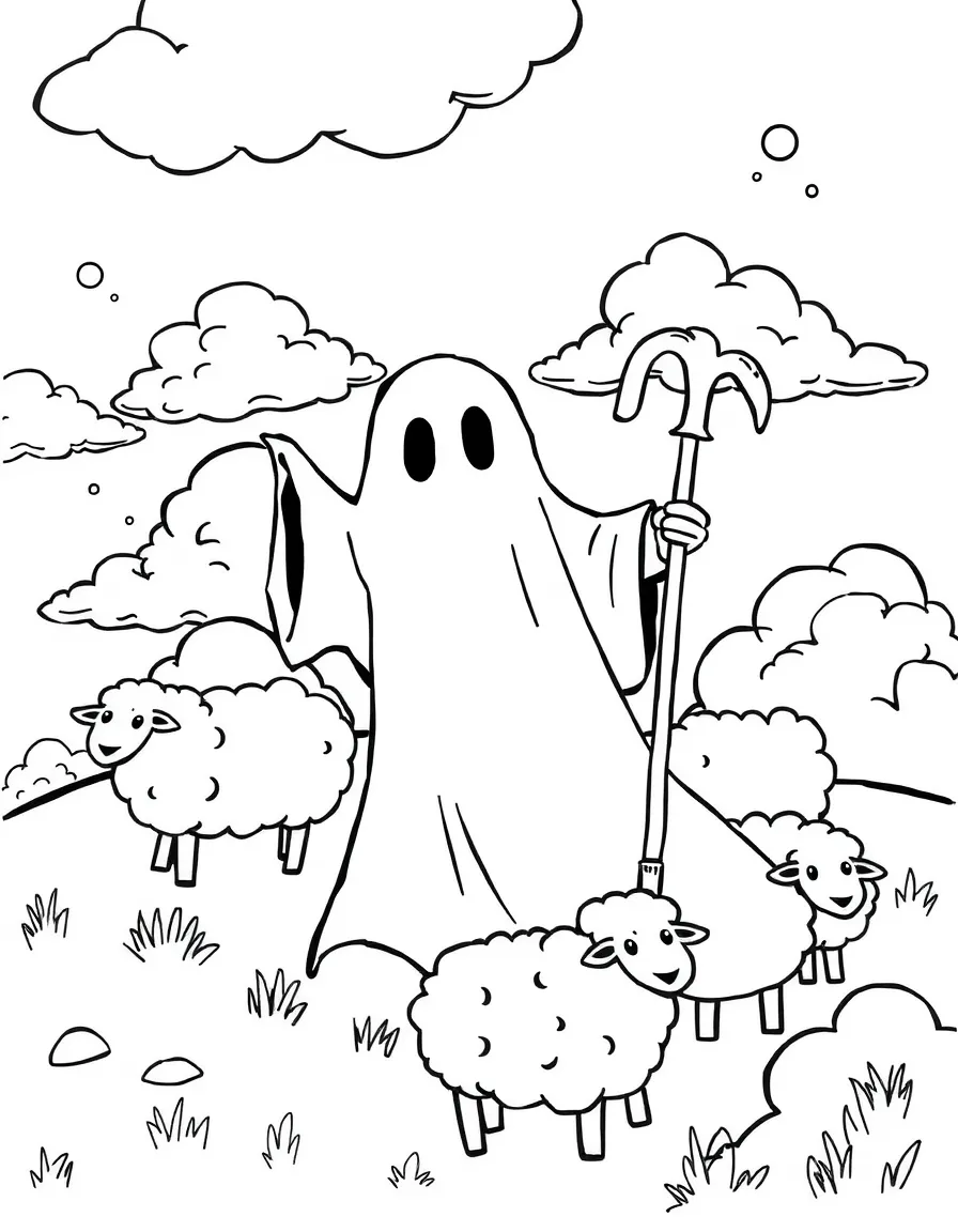 A ghost shepherd herding clouds shaped like sheep