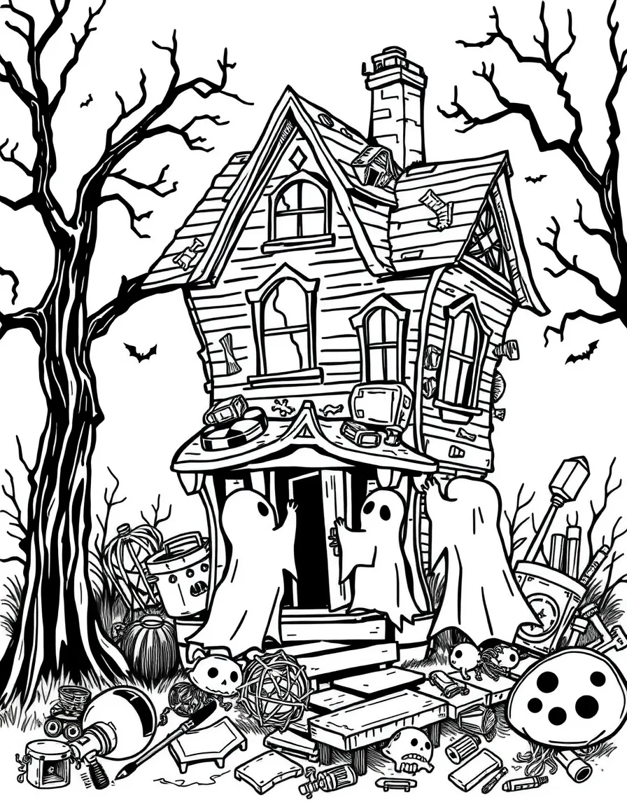Ghosts building a haunted house from discarded objects
