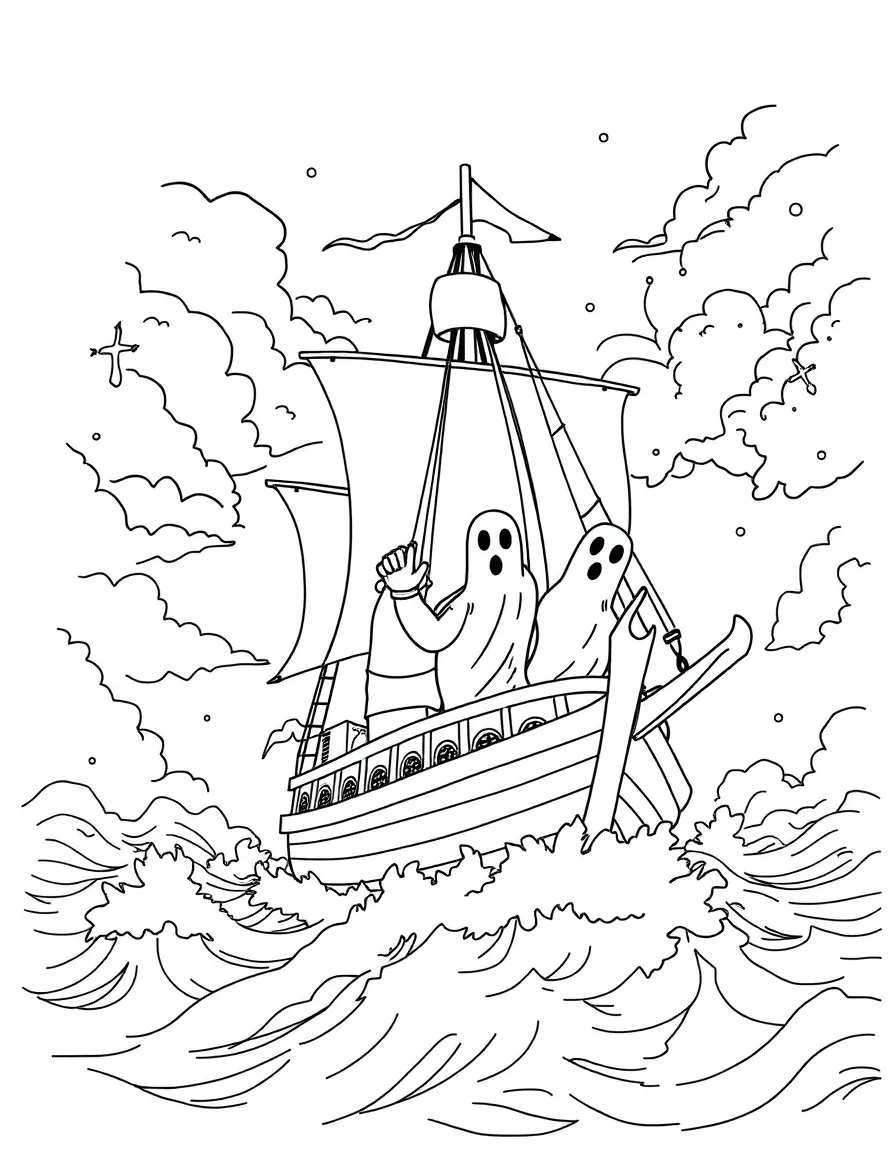 Ghost sailors navigating a ship through stormy skies