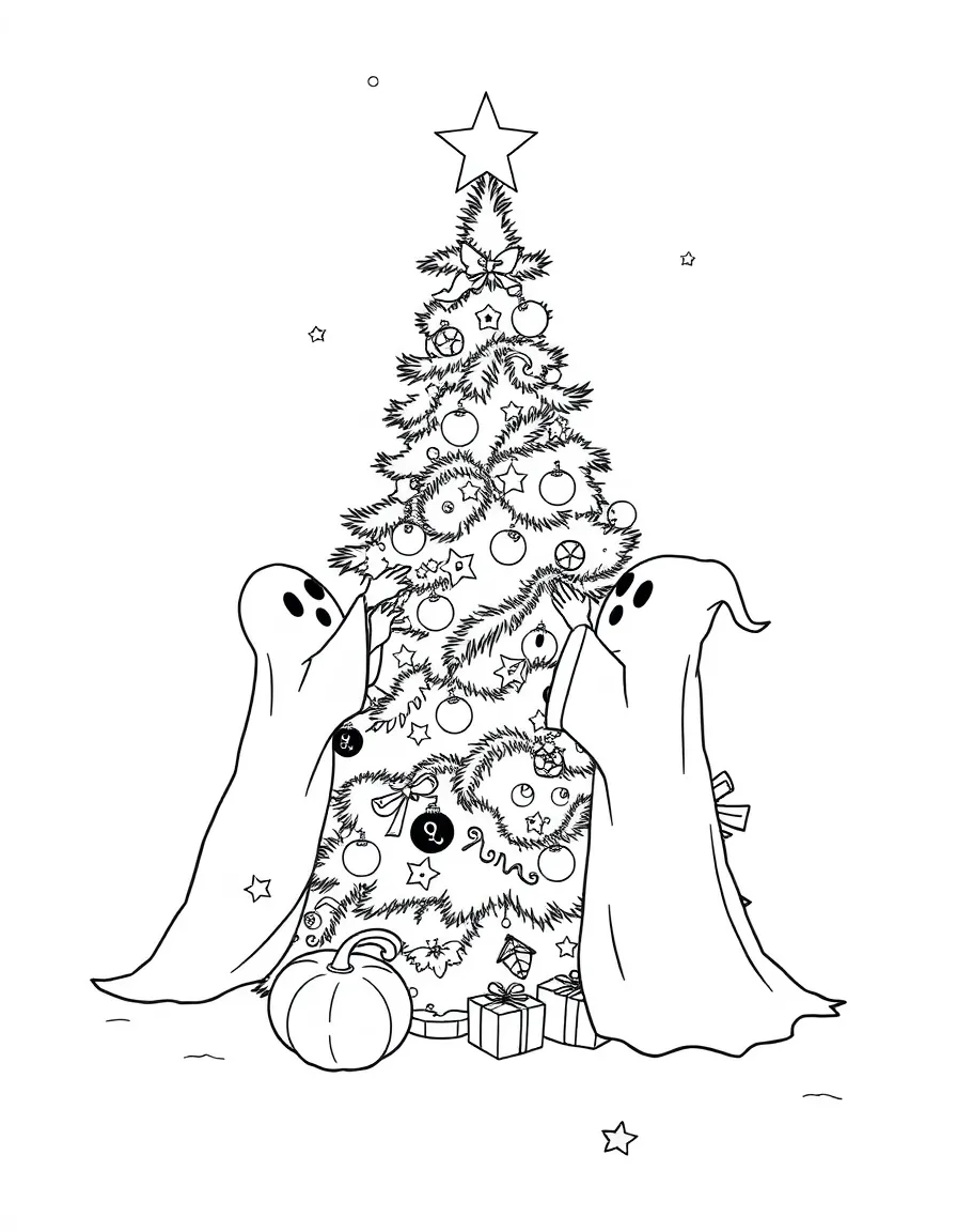 Ghosts decorating a Christmas tree in October