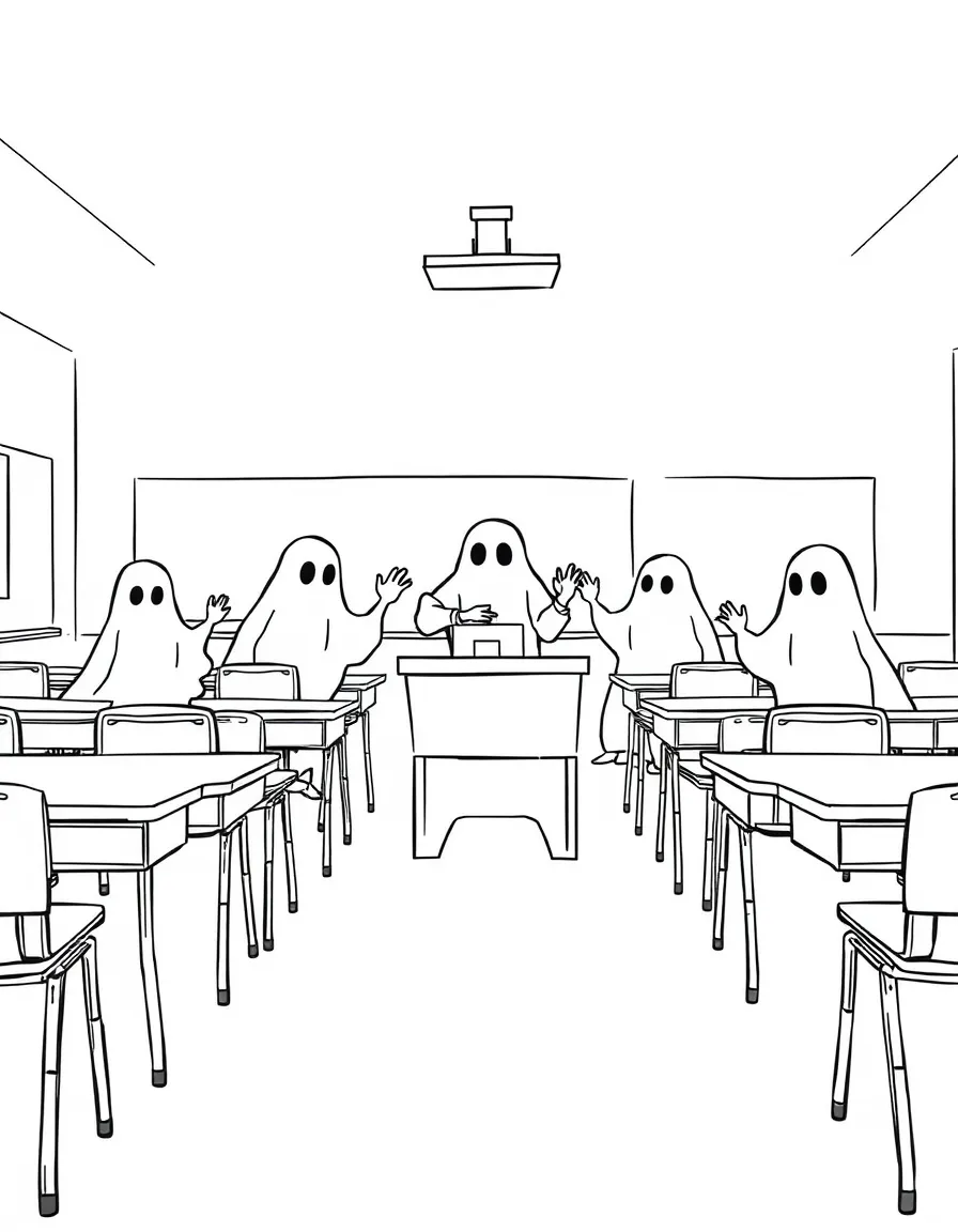 Ghost teachers in a classroom of empty desks