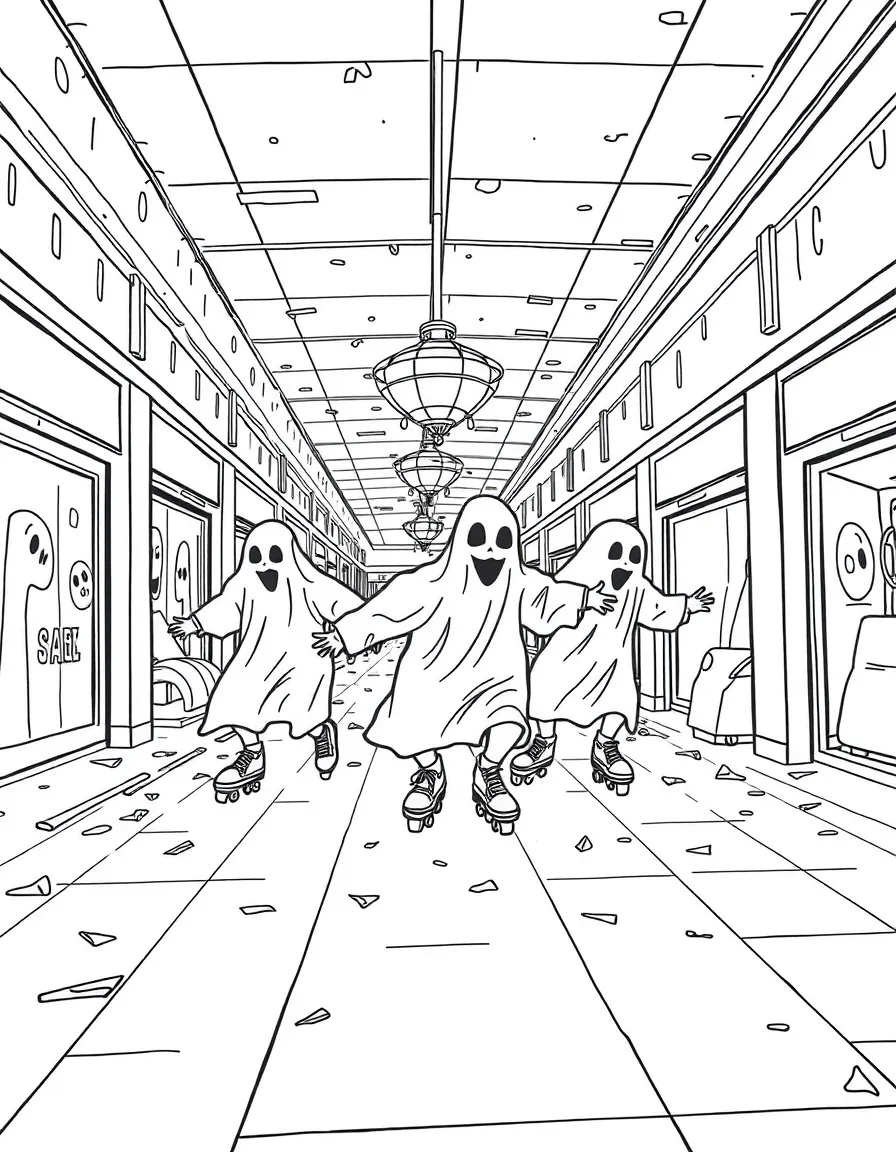 Ghosts roller skating through an abandoned mall