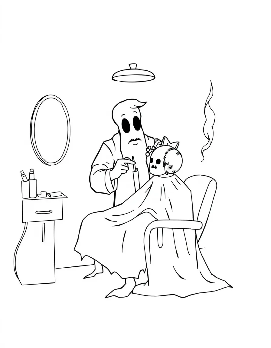 A ghost barber giving haircuts to other spirits