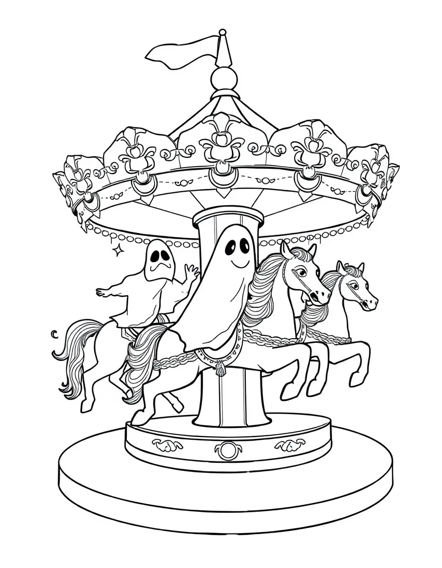 Ghosts riding carousel animals that come to life