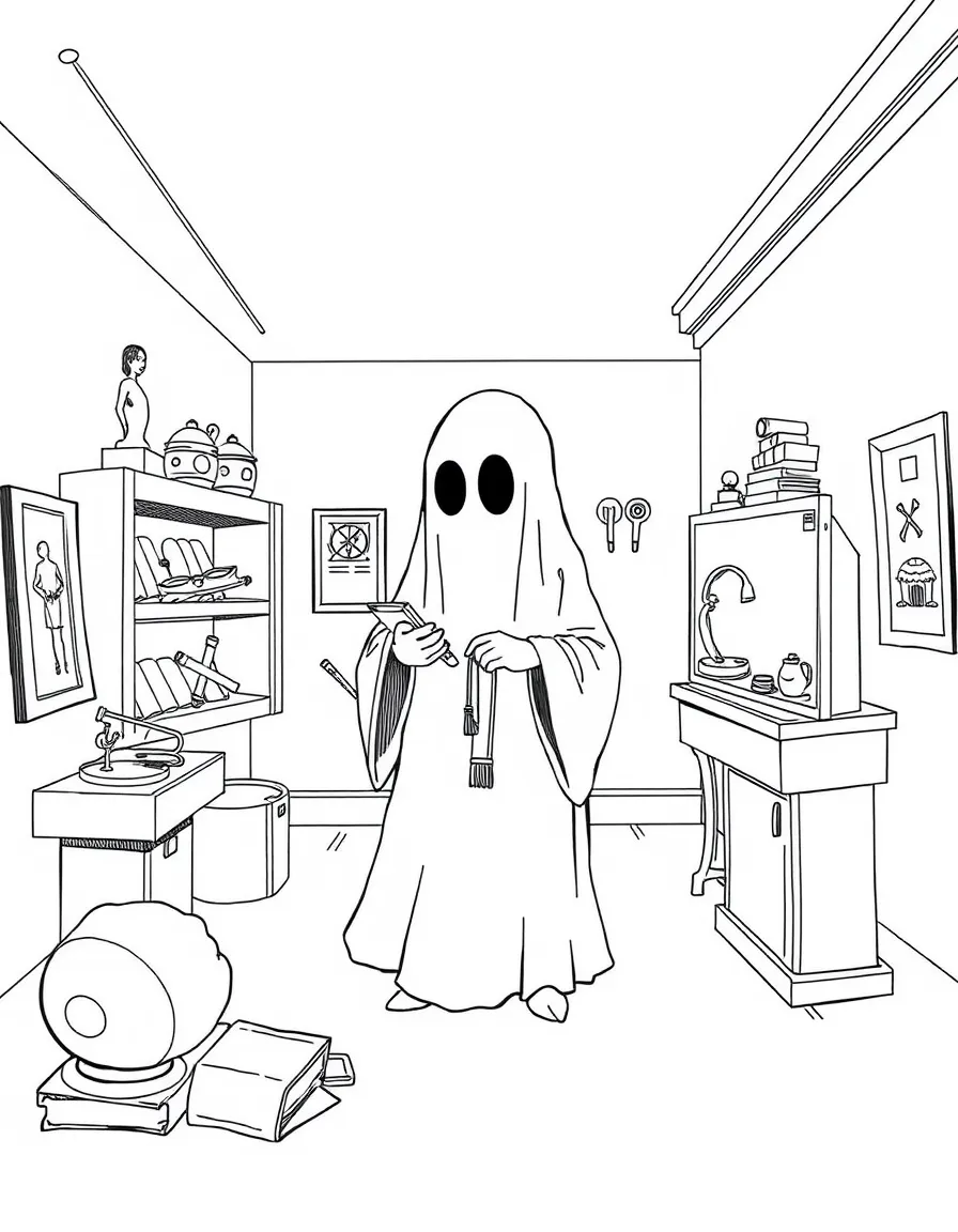 A ghost curator arranging exhibits of lost items