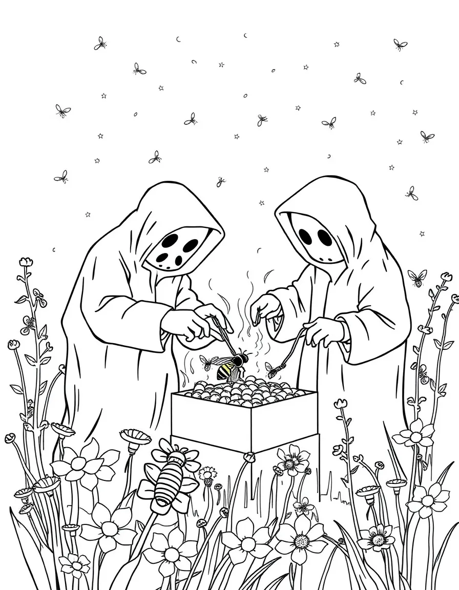 Ghost beekeepers tending to bees that produce starlight