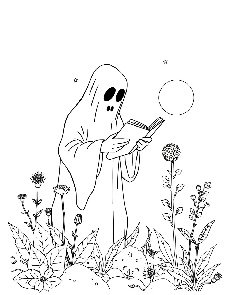 A ghost botanist cataloging plants that grow in moonlight