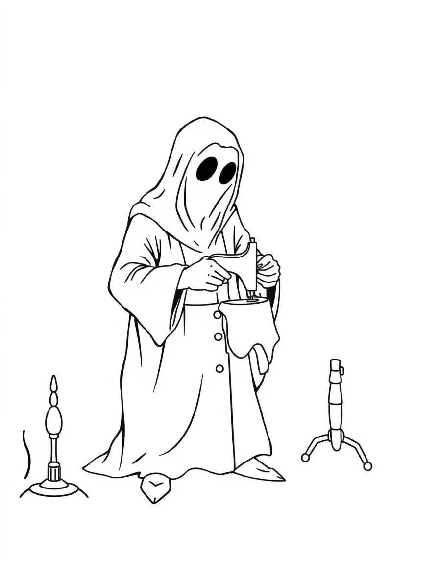 A ghost tailor sewing clothes from shadows