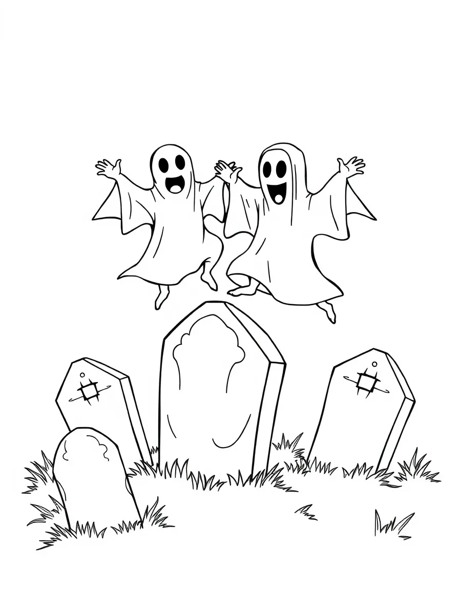 Ghosts playing leapfrog over tombstones