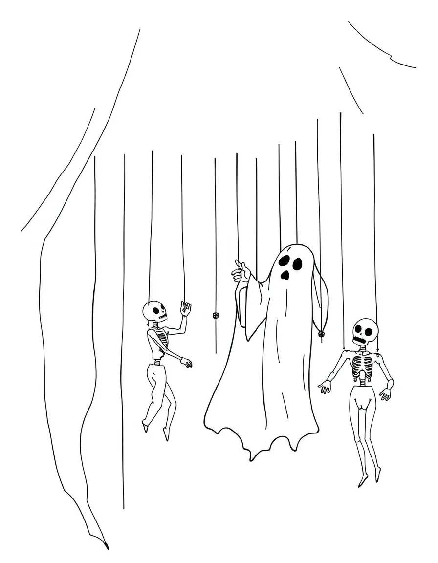 A ghost puppeteer controlling marionettes of the living