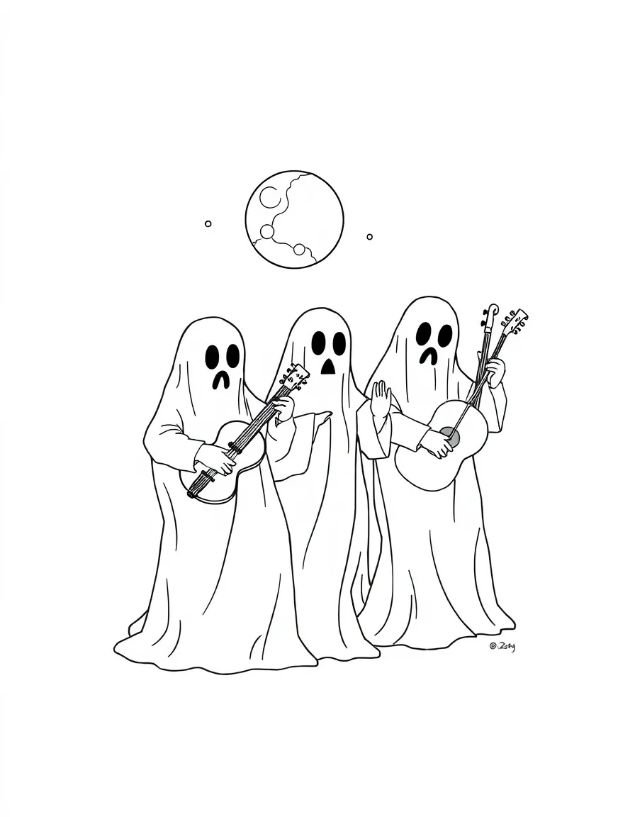 Ghost musicians playing instruments made of moonbeams