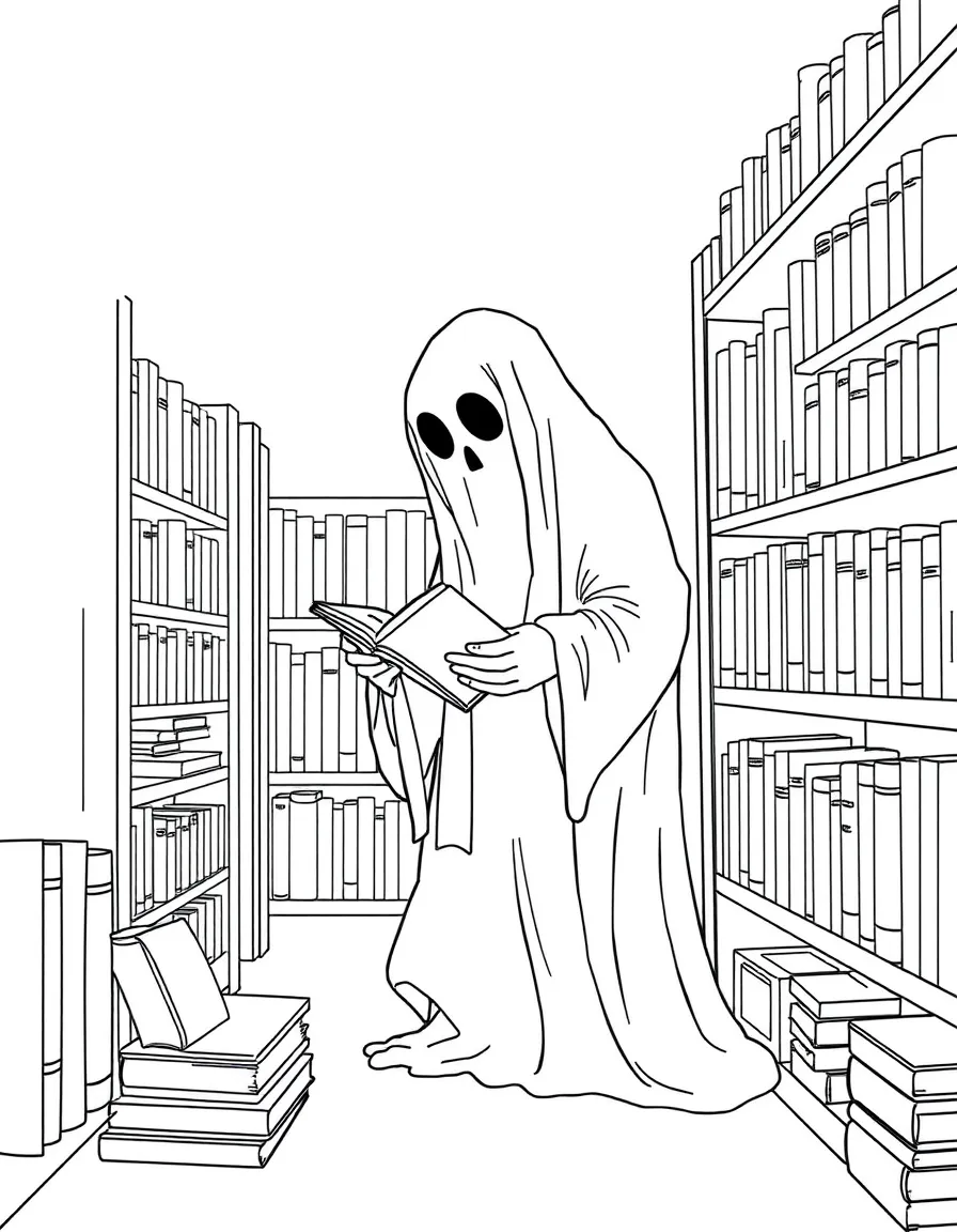 A ghost librarian organizing books by emotional impact