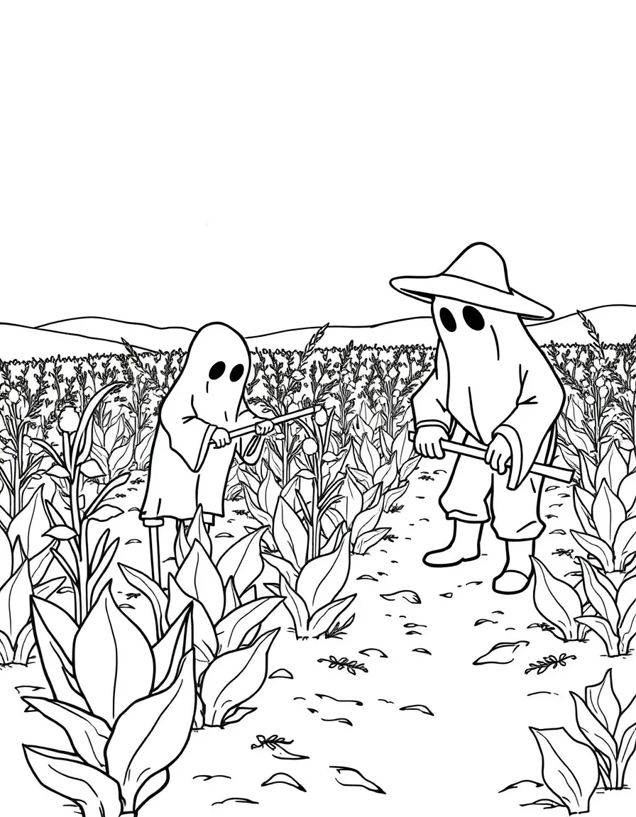 Ghost farmers tending to crops that grow only in darkness