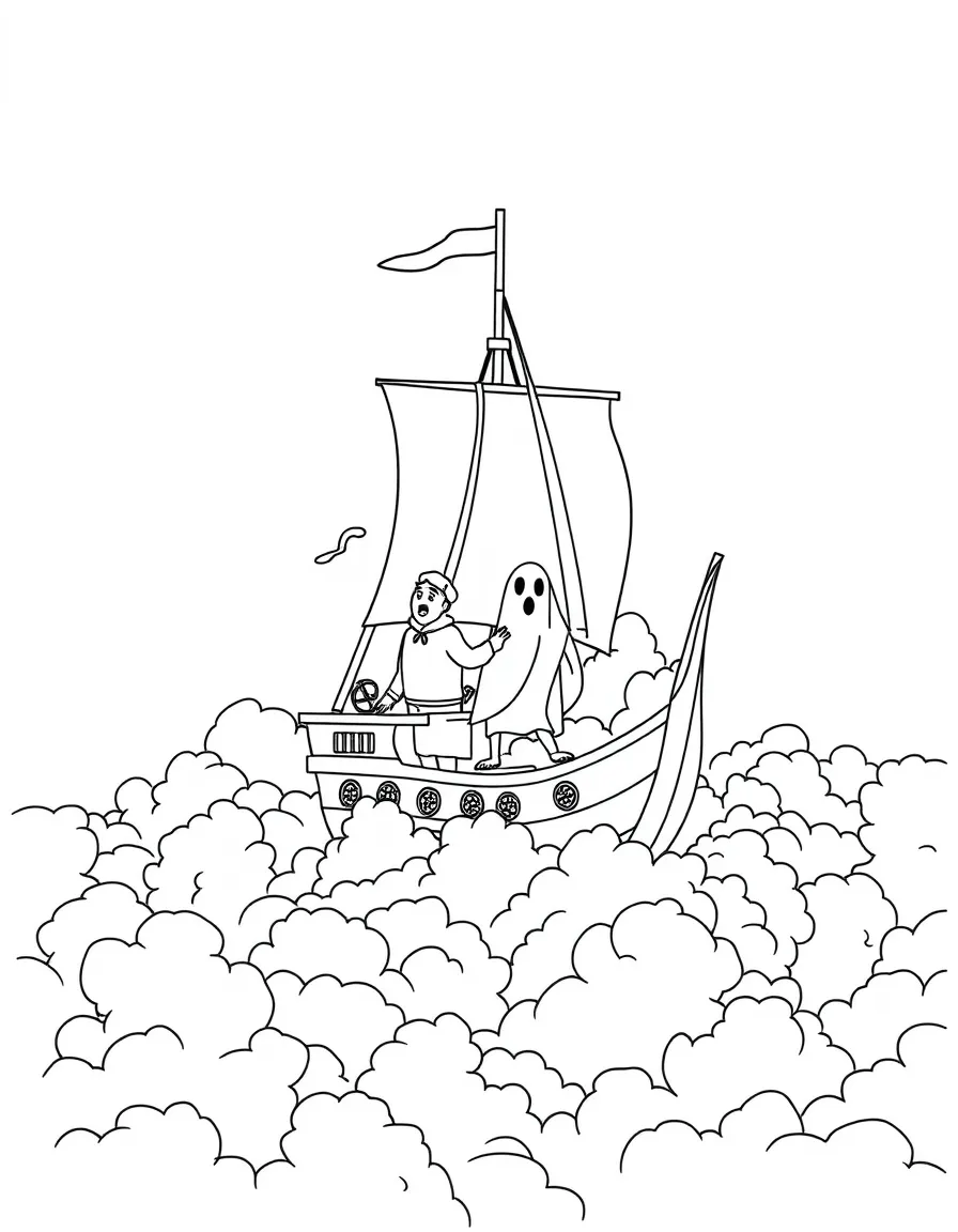 Ghost sailors navigating a ship through a sea of clouds