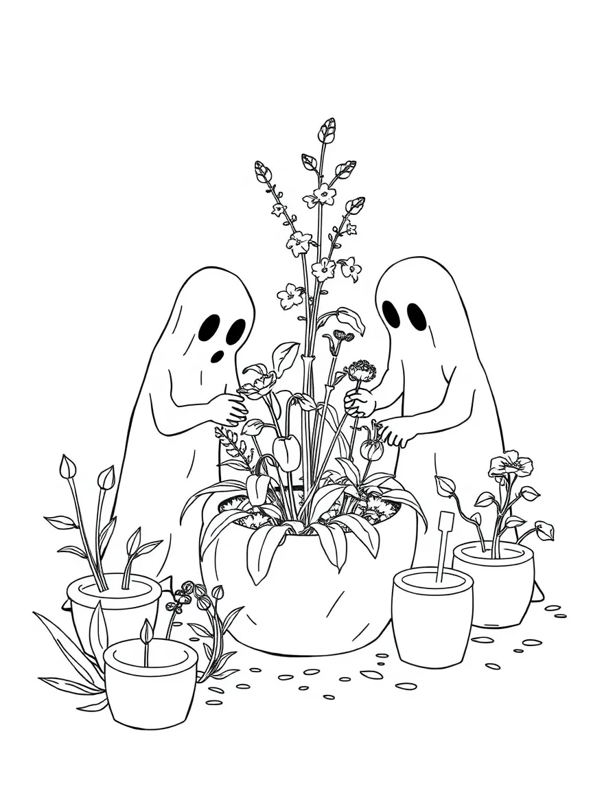 Ghost gardeners tending to plants that grow through objects