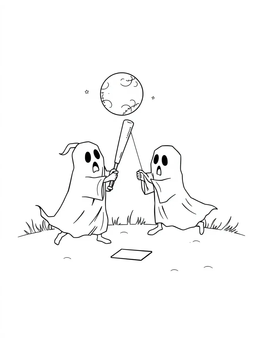 Ghosts playing baseball with a moonbeam as a bat